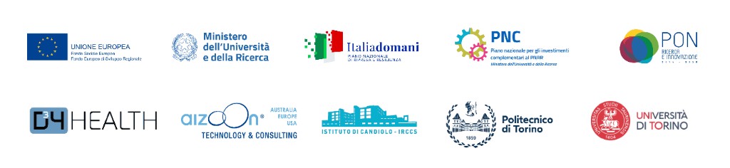 Partner e istituzioni: Unione Europea, Ministero dell’Università e della Ricerca, Italia Domani, PNC, PON, D34 Health, aizoon, Istituto di Candiolo IRCCS, Politecnico di Torino, Università di Torino.